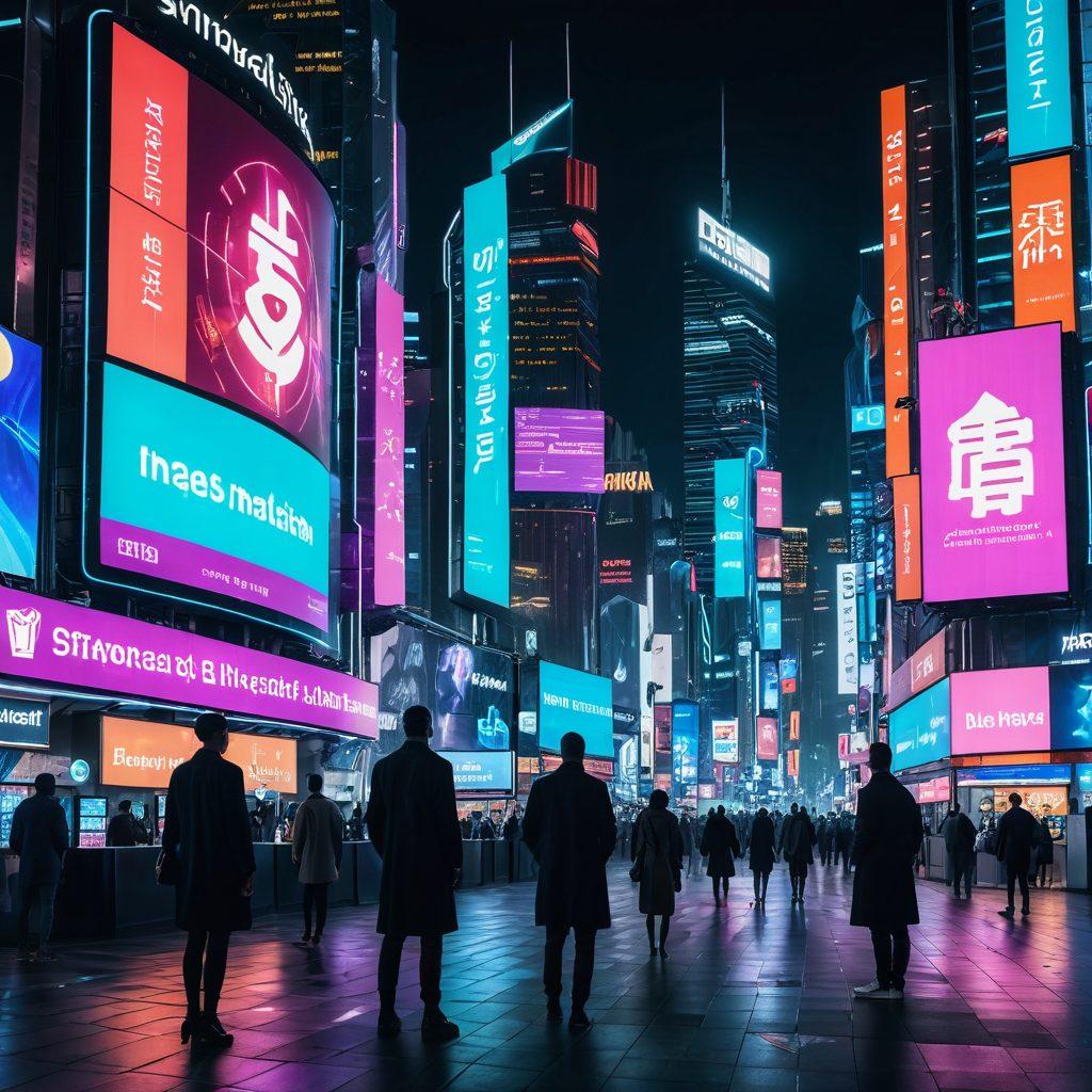 A futuristic city skyline featuring digital billboards displaying online financial services. In the foreground, a diverse group of people engaging with holographic money transactions, illustrating the shift from cash to digital. The night setting with neon lights enhances the tech-savvy atmosphere, showcasing a blend of tradition and innovation. cyberpunk. vibrant colors. high-tech elements.