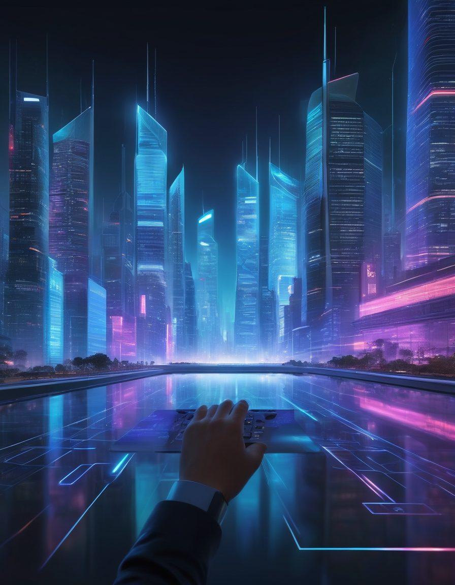 An abstract representation of a digital landscape, showcasing a futuristic city skyline with glowing skyscrapers symbolizing secure banking. Include fingers interacting with holographic bank icons such as secure locks and mobile devices, surrounded by data flow streams. Use vibrant colors to convey convenience and technology. cyberpunk. super-realistic.